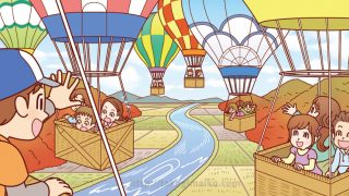 【お仕事実績】子供たちが気球で空中散歩をしているイラスト