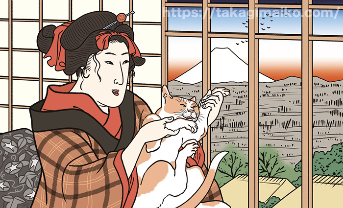 浮世絵風のイラストの女性と猫