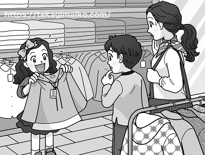 イラストのお仕事：子供服売り場で洋服を選ぶ親子・家族のイラスト