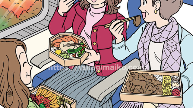 旅行で駅弁を食べるシニア女性のイラスト（かくし絵）