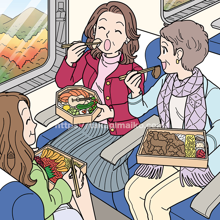 旅行で駅弁を食べるシニア女性のイラスト（かくし絵）