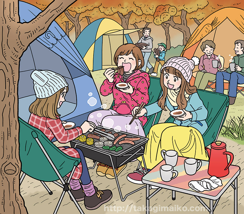 冬にキャンプをするキャンプ女子の女性たちの隠し絵問題用イラスト製作（ひらめき脳になる絵文字クロスワード）