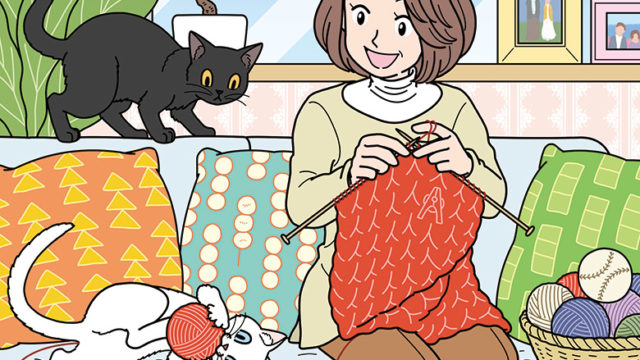 編み物をするシニア女性と猫の隠し絵問題用イラスト製作（毎日が発見2021年1月号）
