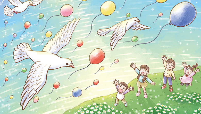 羽ばたく鳩と見上げる子どもたちの情景イラスト（武蔵野市・「小鳩・けやき表彰募集」チラシ）