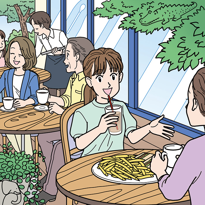 カフェで午後のティータイムを楽しむ人々の隠し絵問題用イラスト製作（毎日が発見2019年7月号）