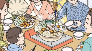 食卓で鍋を囲んでいる家族の隠し絵問題用イラスト製作（毎日が発見2020年1月号）