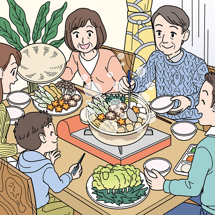 食卓で鍋を囲んでいる家族の隠し絵問題用イラスト製作（毎日が発見2020年1月号）