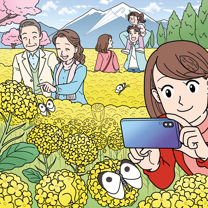 菜の花畑で観光を楽しむ人々の隠し絵問題用イラスト製作（毎日が発見2020年3月号）