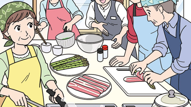 料理教室で調理をする人々の隠し絵問題用イラスト製作（毎日が発見2020年5月号）