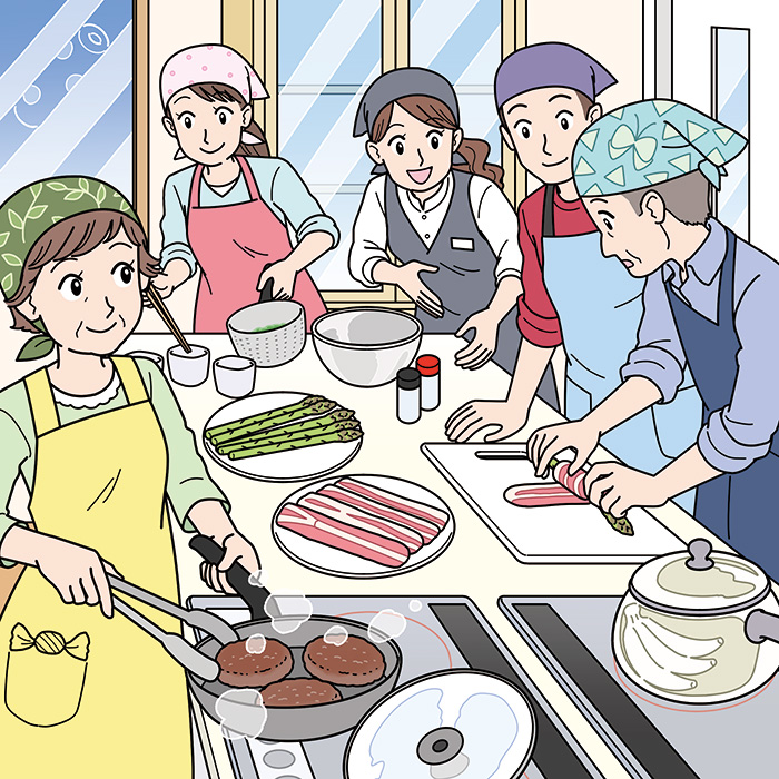 料理教室で調理をする人々の隠し絵問題用イラスト製作（毎日が発見2020年5月号）