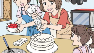 家でケーキ作りをする家族の隠し絵問題用イラスト製作（毎日が発見2021年7月号）
