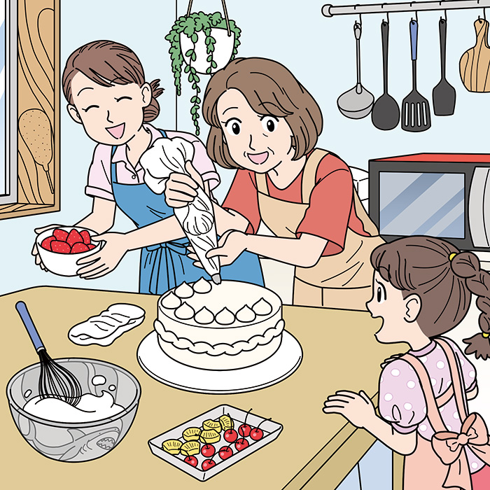 家でケーキ作りをする家族の隠し絵問題用イラスト製作（毎日が発見2021年7月号）