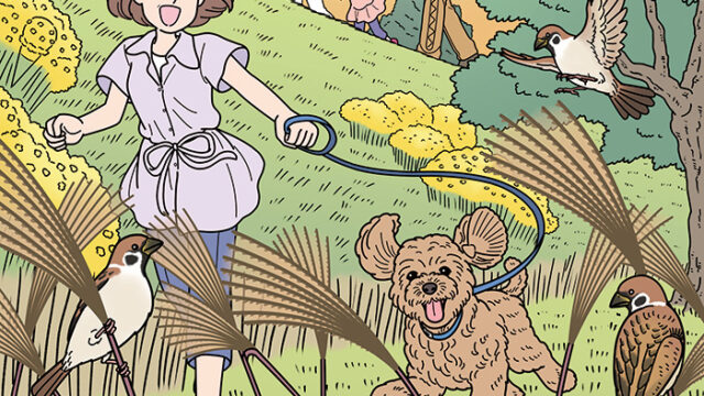 秋の河川敷で犬と散歩をする女性の隠し絵問題用イラスト製作（毎日が発見2021年8月号）