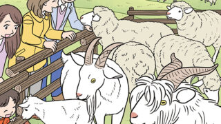 牧場でヤギや羊とふれあう家族・シニア夫婦のイラスト（毎日が発見2022年3月号）