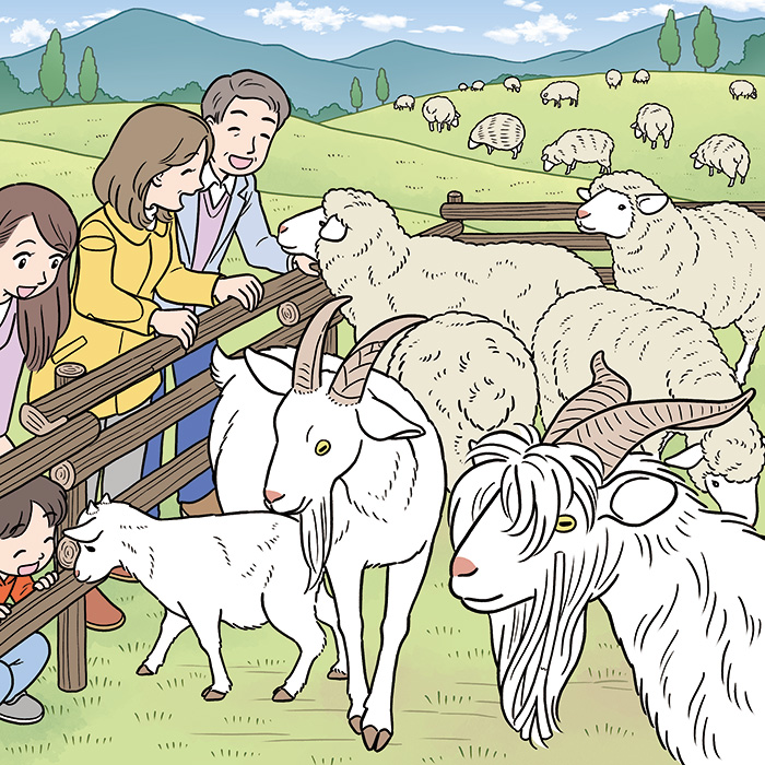 牧場でヤギや羊とふれあう家族・シニア夫婦のイラスト（毎日が発見2022年3月号）