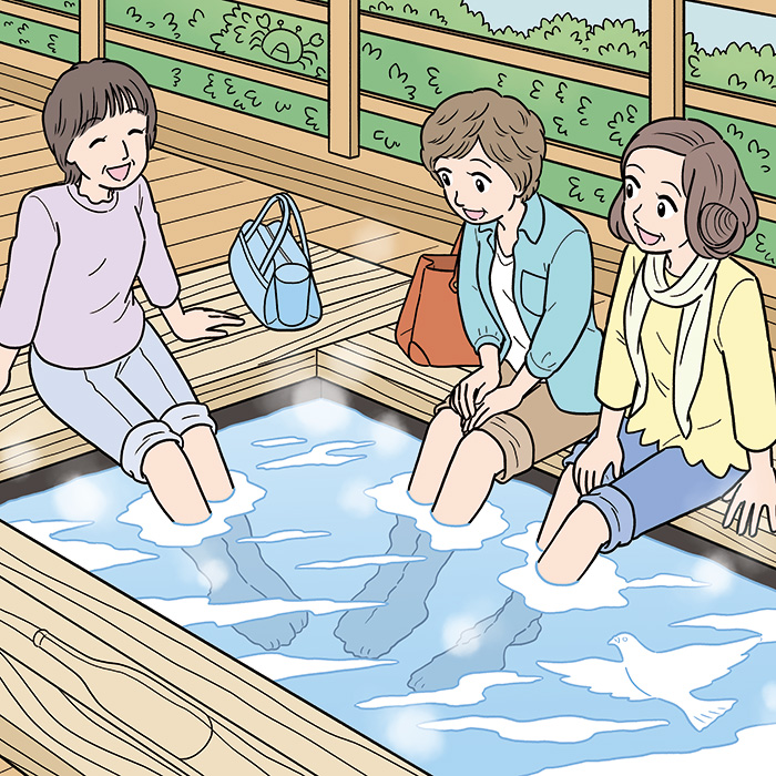 足湯に入る旅行中のシニア女性たちの隠し絵問題用イラスト製作（毎日が発見2022年5月号）