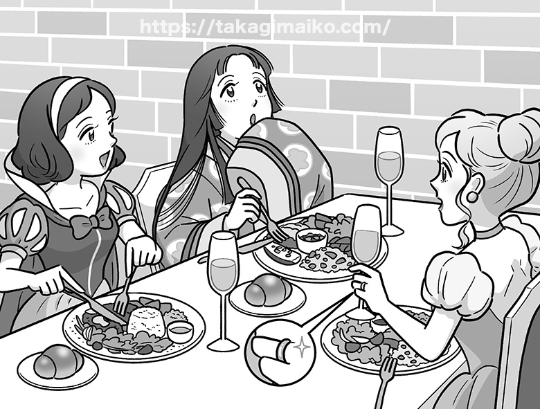 「プリンセスたちのランチミーティング」シンデレラ・白雪姫・かぐや姫のイラスト（クロスワードランド 2022年8月号）