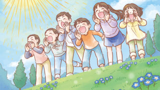 丘でやまびこをする子どもたちと、羽ばたく鳩の情景イラスト（武蔵野市・「小鳩・けやき表彰募集2022年度」チラシ）
