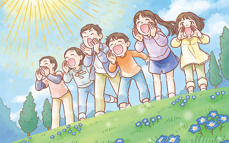 丘でやまびこをする子どもたちと、羽ばたく鳩の情景イラスト（武蔵野市・「小鳩・けやき表彰募集2022年度」チラシ）