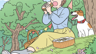 自然の中のピクニックで食事をする女性と犬の隠し絵問題用イラスト製作（毎日が発見2023年5月号）