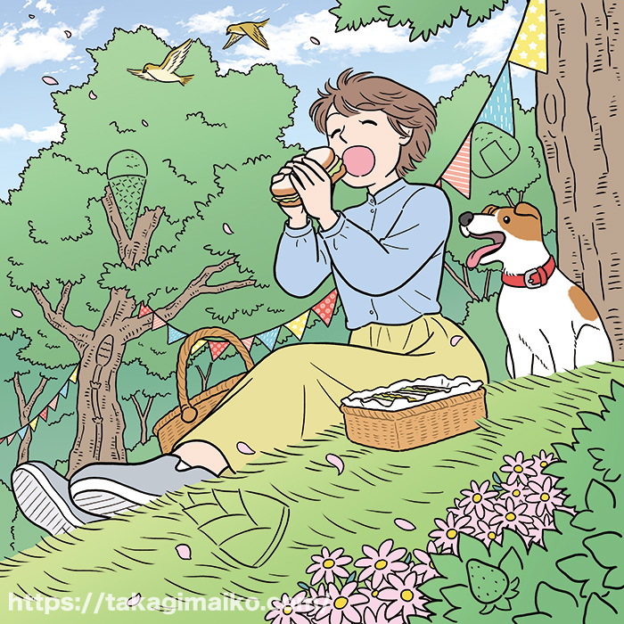 自然の中のピクニックで食事をする女性と犬の隠し絵問題用イラスト製作（毎日が発見2023年5月号）