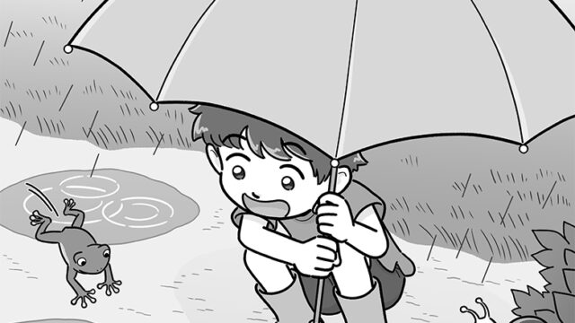 「雨の中傘をさす男の子」のイラスト（クロスワードランド 2023年7月号）