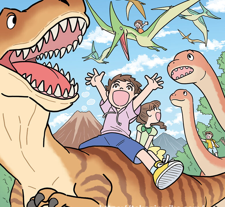 恐竜に乗る子どもたちの恐竜世界のイラスト、回転寿司を楽しむ動物たちのまちがい探しイラスト（お仕事イラスト）