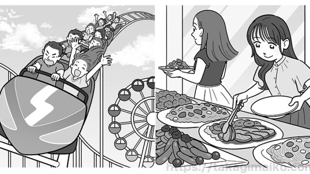 遊園地のジェットコースターに乗る人達のイラスト、食べ放題のビュッフェを楽しむ女性のイラスト