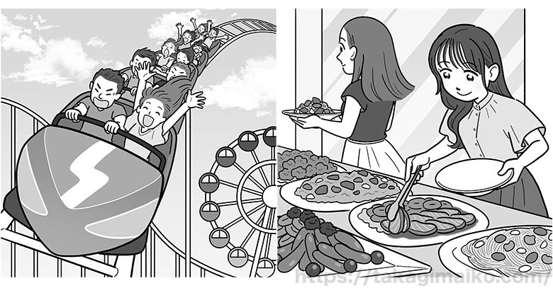 遊園地のジェットコースターに乗る人達のイラスト、食べ放題のビュッフェを楽しむ女性のイラスト