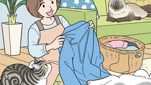リビングで洗濯物をたたむ女性と猫たちの隠し絵問題用イラスト製作（毎日が発見2023年7月号）