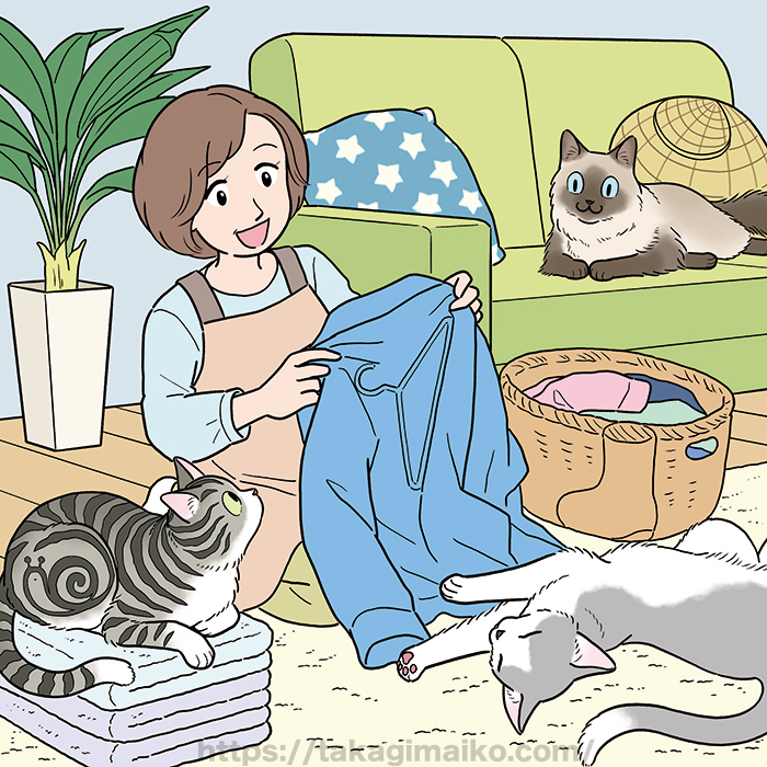 リビングで洗濯物をたたむ女性と猫たちの隠し絵問題用イラスト製作（毎日が発見2023年7月号）
