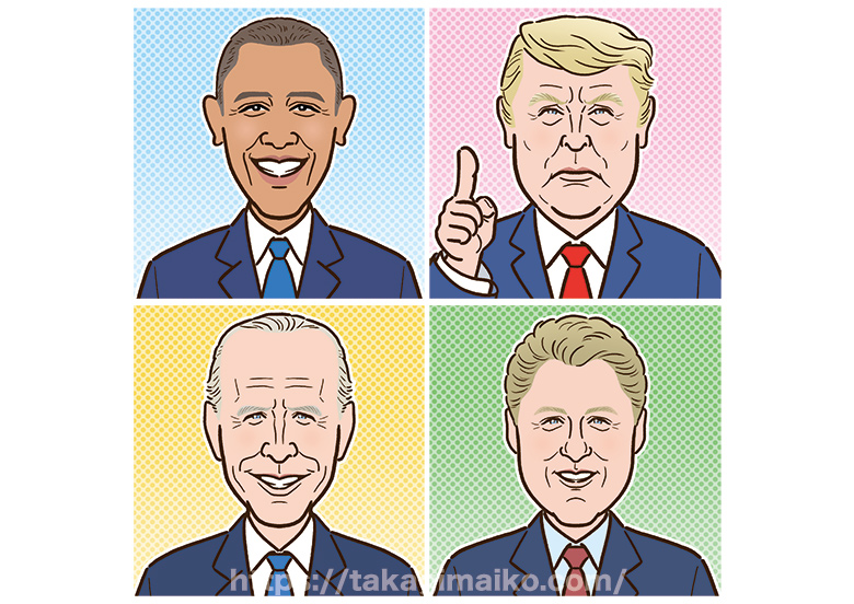 歴代アメリカ大統領の似顔絵（バラク・オバマ,ドナルド・トランプ,ジョー・バイデン,ビル・クリントン）