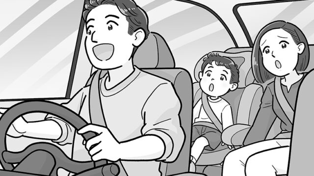 GWの高速道路の渋滞に巻き込まれた家族の車内シーン/イラスト