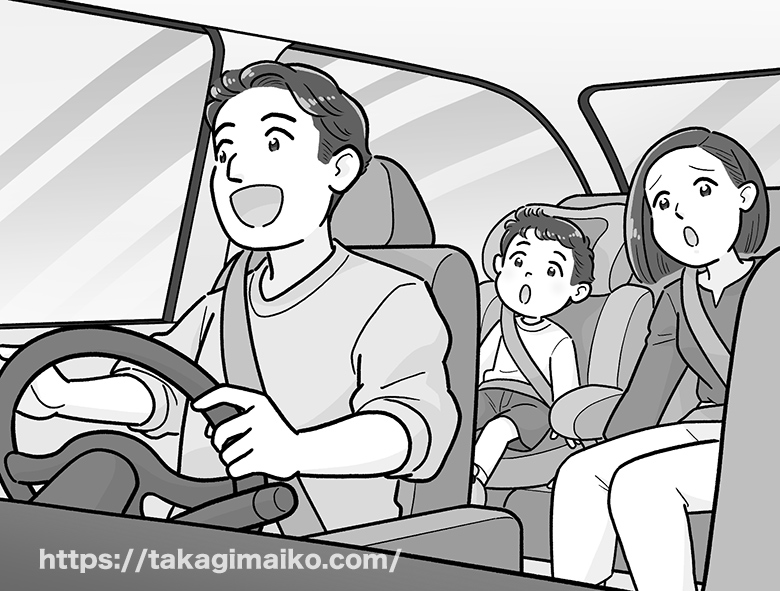 GWの高速道路の渋滞に巻き込まれた家族の車内シーン/イラスト