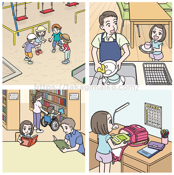 令和6年度版 小学校算数教科書「たのしい算数」（大日本図書株式会社）の小学生のイラスト。本文イラストのカットなど。