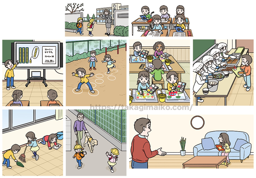 令和6年度版 小学校算数教科書「たのしい算数」（大日本図書株式会社）の小学生のイラスト。本文イラストのカットなど。