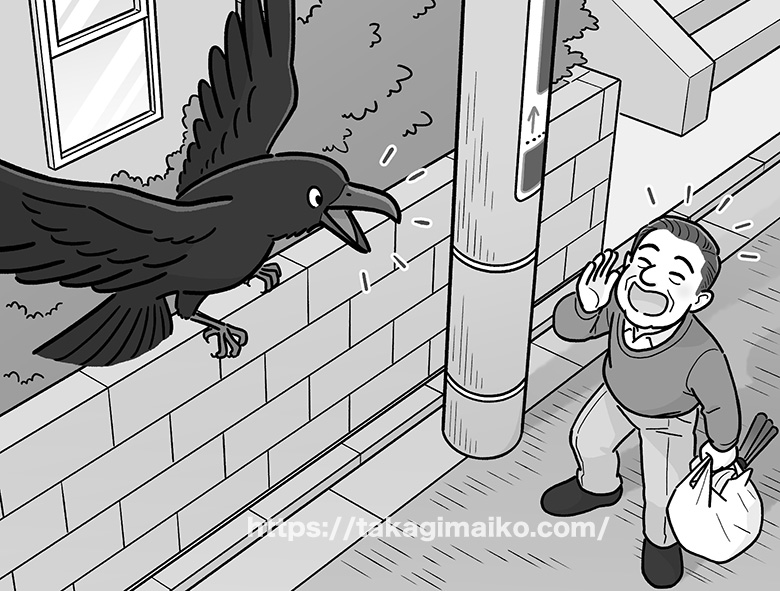 飛んでいるカラスに話しかけるおじさんのイラスト