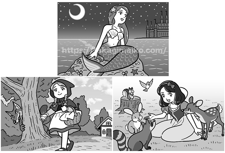 人魚姫のイラスト、赤ずきんのイラスト、白雪姫のイラスト