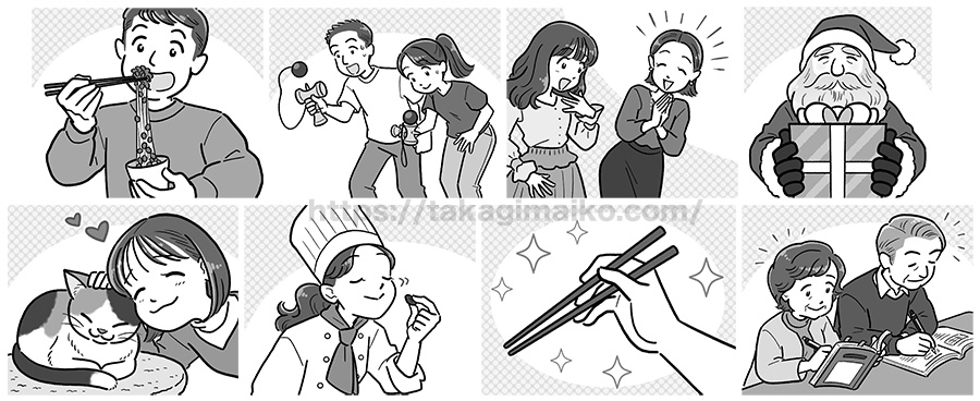 納豆を食べる人のイラスト、けん玉をする人のイラスト、アパレルショップ店員のイラスト、サンタクロースのイラスト、猫を撫でる女性のイラスト、勉強をするシニア夫婦のイラスト