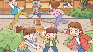 お正月にコマ回しや羽子板で遊ぶ子どもたちの隠し絵イラスト