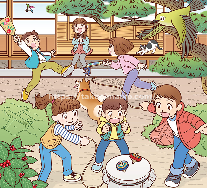 お正月にコマ回しや羽子板で遊ぶ子どもたちの隠し絵イラスト
