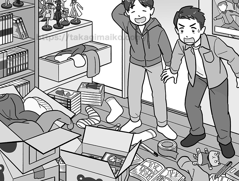 汚部屋に驚く男子大学生のイラスト