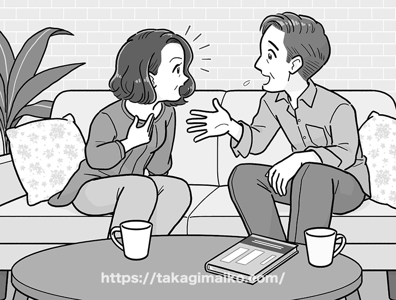 リビングで話し合うシニア夫婦のイラスト