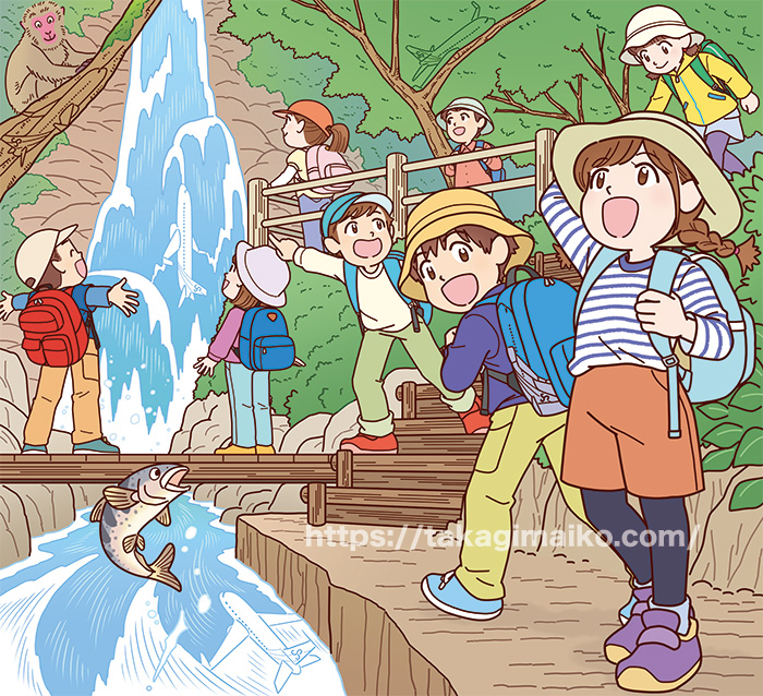 登山・ハイキングをする子どもたちの隠し絵イラスト
