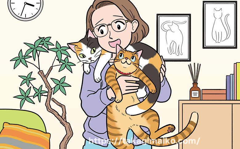 猫を抱っこする女性のイラスト（まちがい探し）