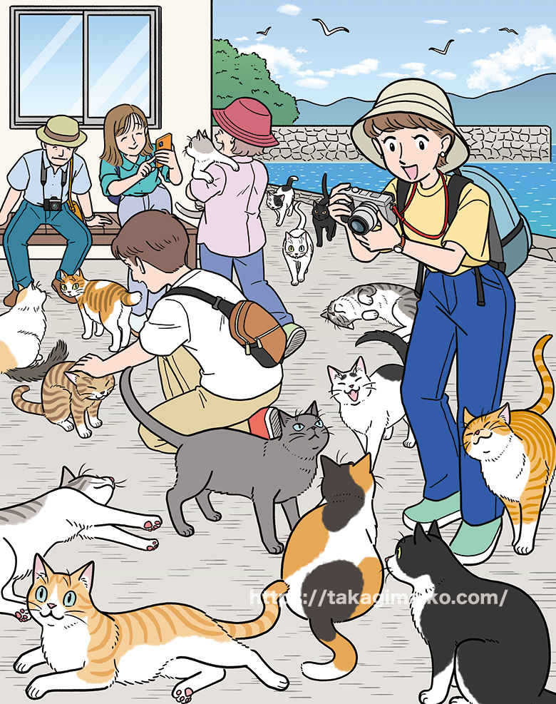 猫島で猫の写真を撮る観光客のイラスト（まちがい探し）