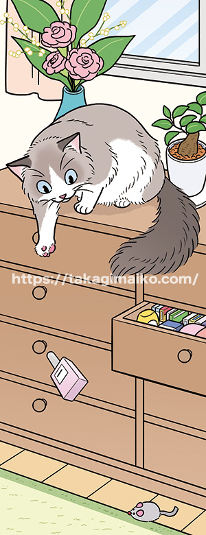 棚の上から物を落とすいたずら猫のイラスト（まちがい探し）