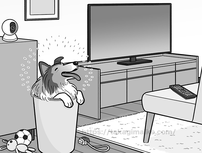 ゴミ箱に入る犬のイラスト