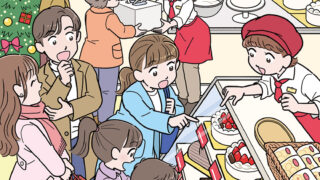 クリスマス当日にクリスマスケーキを求めて賑わうケーキ屋さんのまちがい探しイラスト