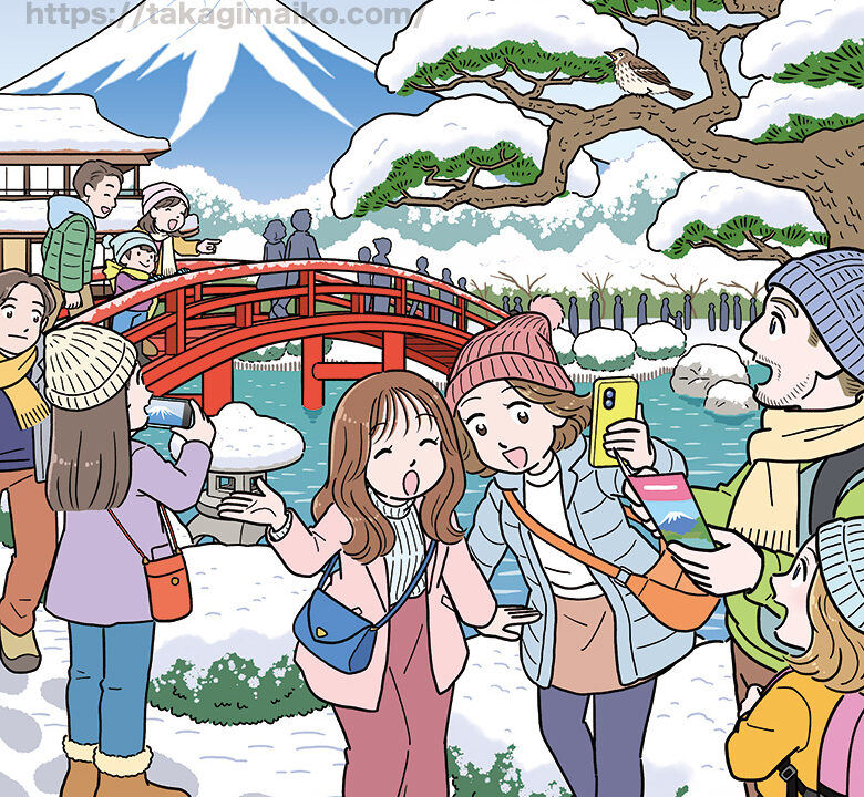 冬の日本庭園を観光する観光客のまちがい探しイラスト